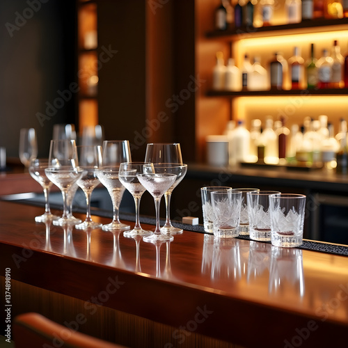  A chic hotel bar setup with a polished countertop and various cocktail glasses ready to be served, symbolizing nightlife and hospitality, realistic detail on white background.