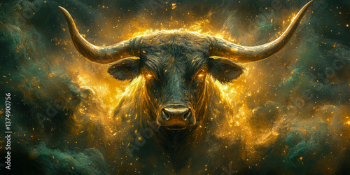 Luminous cosmic bull illustration featuring vibrant colors and an ethereal aura in a stylized art form