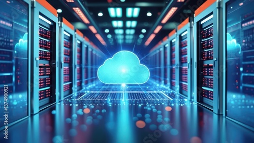 Futuristic Server Room Showcasing Modern Digital Technology With Glowing Cloud Icon, Representing Hybrid Cloud Network And Serverless Architecture.