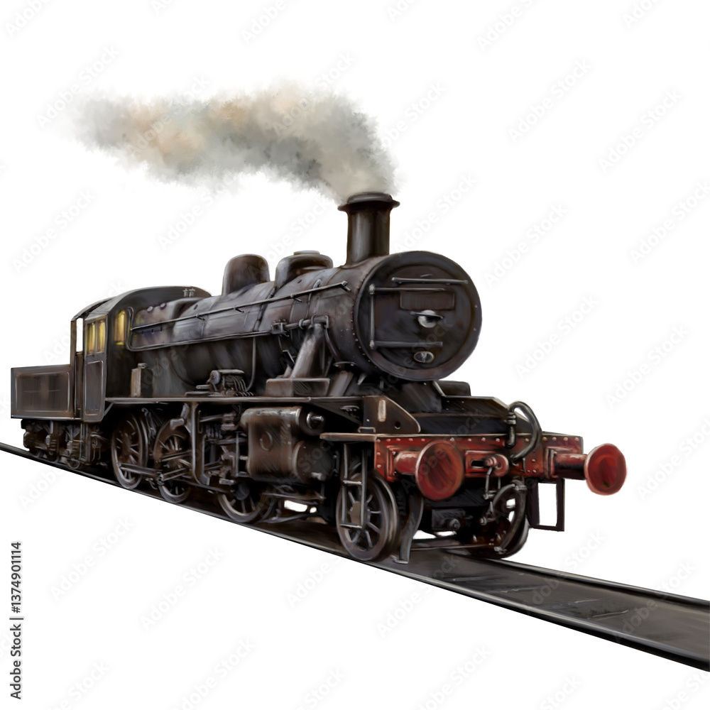 Paintings illustration on a white background, old steam locomotive Paintings illustration on a white background, old steam locomotive