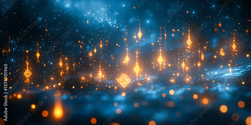 Fototapeta premium Mystical landscape with glowing runes illuminating a quiet cosmic expanse at dusk