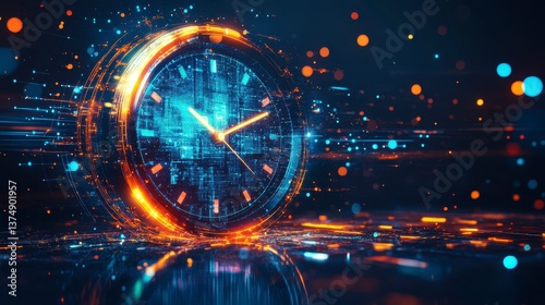 Futuristic Digital Clock with Vibrant Lights and Abstract Background