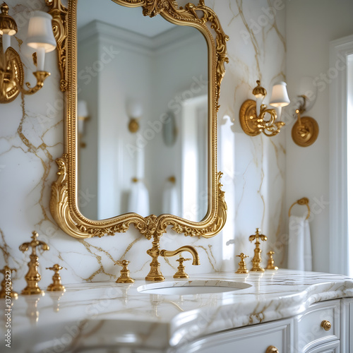 A high-end bathroom featuring a marble countertop, gold fixtures, and a large mirror, representing elegance and cleanliness, realistic detail on white background.