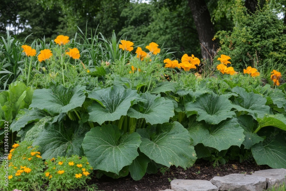 Fototapeta premium Bright yellow flowers burst open among lush green leaves in a well-kept garden filled with life on a sunny afternoon Generative AI