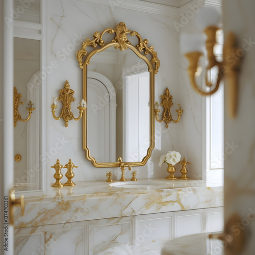 A high-end bathroom featuring a marble countertop, gold fixtures, and a large mirror, representing elegance and cleanliness, realistic detail on white background.