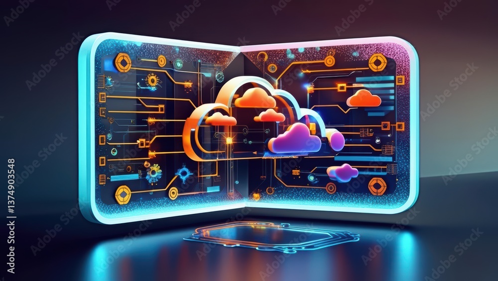 Fototapeta premium Glowing Cloud Icon Technology Concept Featuring Exploded Panel With Cloud Services And Data Protection.