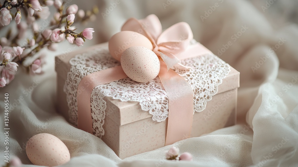 Elegant Gift Box with Eggs and Pink Ribbon on Soft Fabric Background Elegant Gift Box with Eggs and Pink Ribbon on Soft Fabric Background