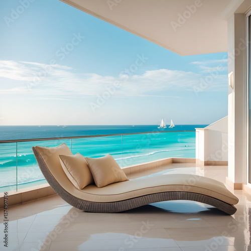 A serene hotel balcony setup with a stylish lounge chair overlooking a beautiful ocean view, symbolizing luxury vacation, realistic detail on white background.