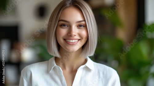Cheerful Young Woman with Short Blonde Hair Smiling in Bright Green Environment