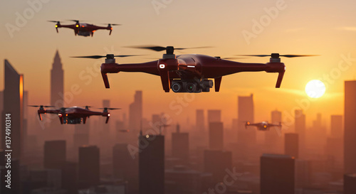 airplane landing at sunset Futuristic Drones Soaring Cityscape Urban Aerial Tech Industry 4.0
