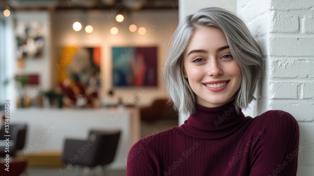 Confident Young Woman Smiling in Modern Creative Workspace with Art Background Confident Young Woman Smiling in Modern Creative Workspace with Art Background