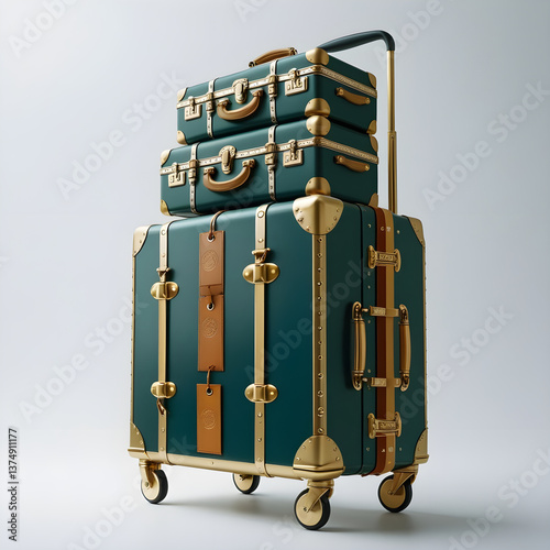 A classic gold luggage trolley with neatly stacked suitcases, symbolizing travel, hospitality, and premium service, realistic detail on white background.