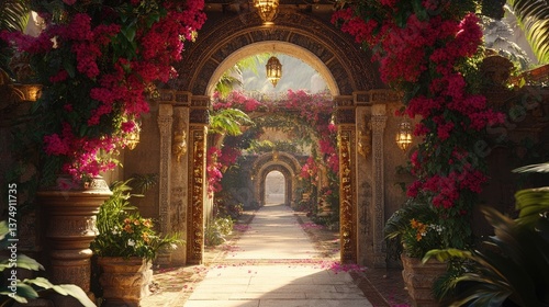A decorative archway adorned with flowers and cultural symbols