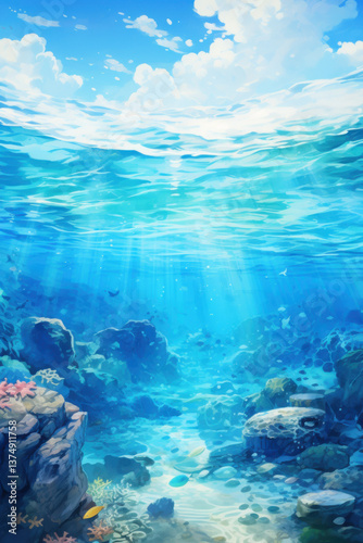 A stunningly beautiful ocean scenery. Watercolor. A transparent background. Unreal engine. 