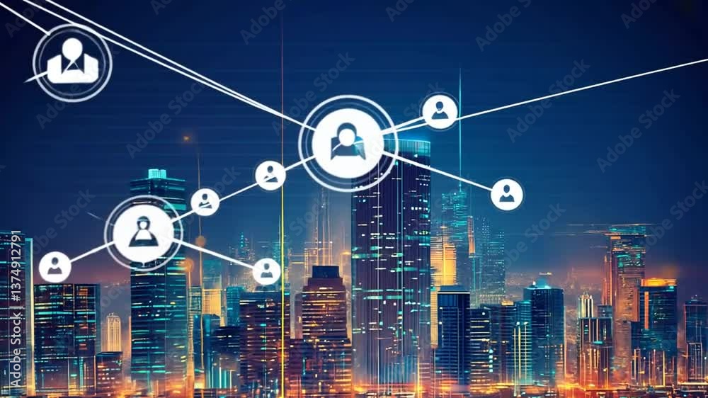 Digital Cityscape Network Connection Visualization with Glowing Data Streams Overlay Digital Cityscape Network Connection Visualization with Glowing Data Streams Overlay