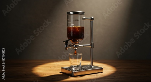 A coffee maker dispensing coffee into a glass on a wooden surface with a dark background behind it