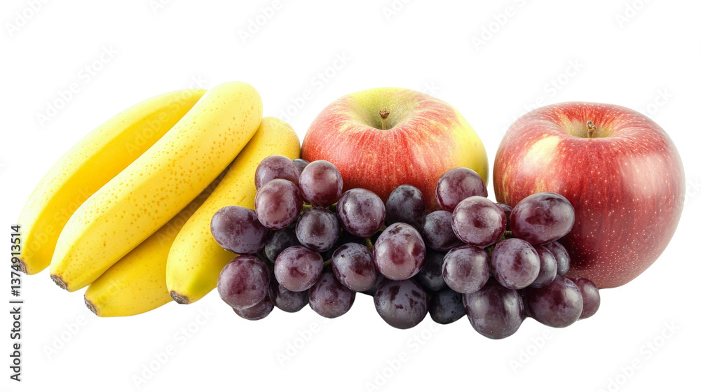 Assorted fruits, bananas, apples, and grapes,Transparent background, PNG file, fresh and vibrant, Assorted fruits, bananas, apples, and grapes,Transparent background, PNG file, fresh and vibrant,