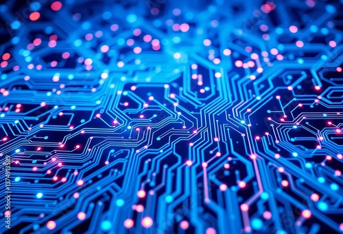 Intricate blue circuit board with glowing nodes and futuristic lines, perfect for tech backgrounds, cyber, pattern