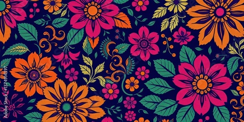 Intricate floral and geometric batik pattern in rich jewel tones, suitable for textile design, yellow, traditional