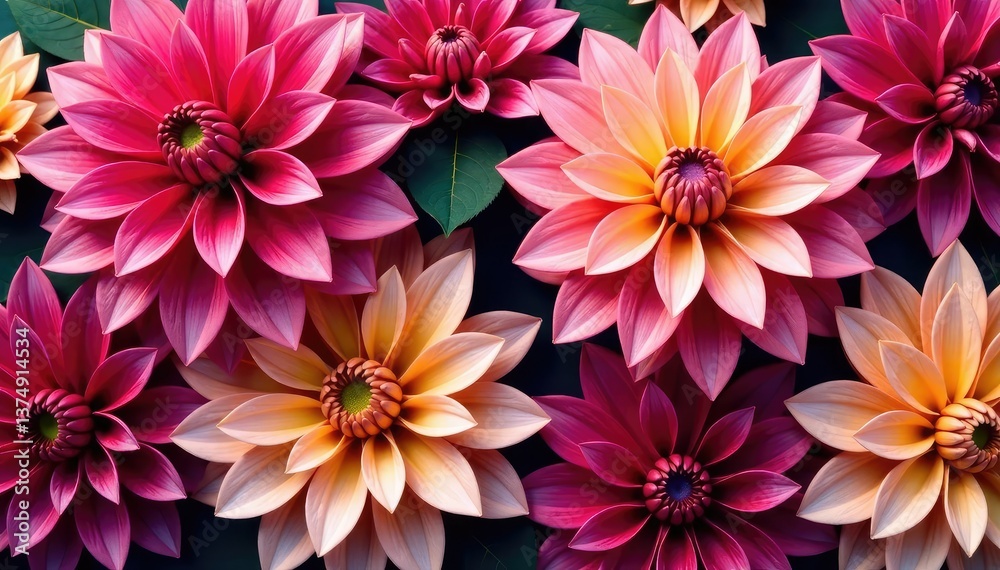 Obraz premium Bold dahlia petals, repeating design, rich color palette, decorative, photography