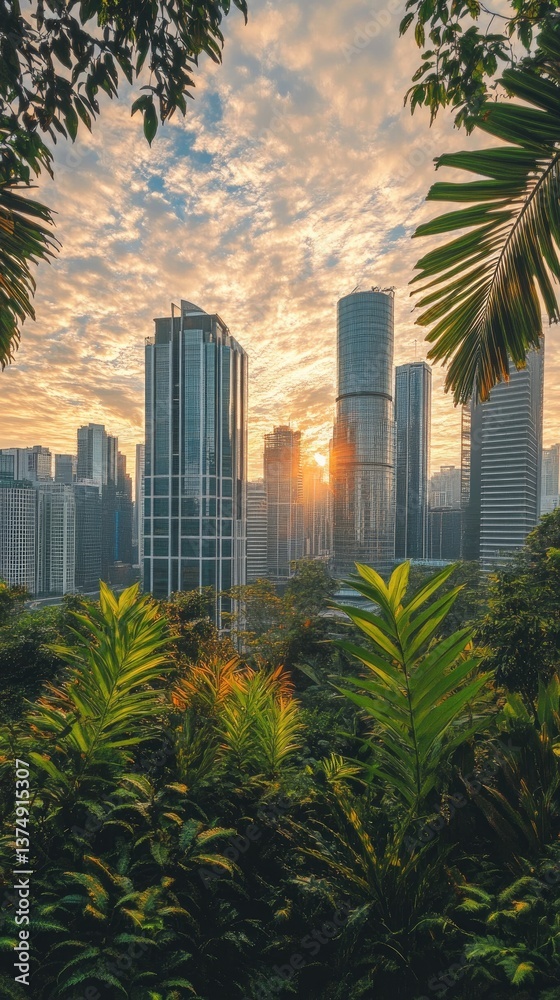 Naklejka premium City skyline at dawn with green trees in the foreground