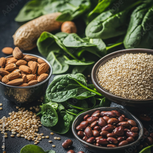 Realistic flat lay photo of magnesium-rich foods like spinach, nuts, seeds, legumes, quinoa, and brown rice. Captured from above with DSLR-style clarity for nutrition and health content.
