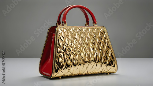 A gold and red quilted handbag featuring a stylish design and elegant color combination. GENERATIVE AI