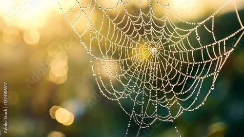 Dew-Kissed Spiderweb Shimmers in the Morning Light with Golden Bokeh Effect