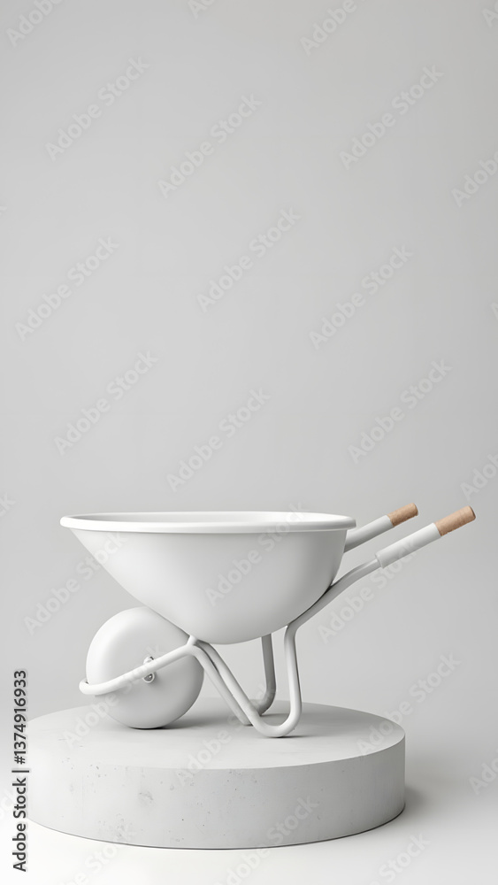 Handle-less white wheelbarrow on concrete, reducing gardening tool to minimalist art object. Handle-less white wheelbarrow on concrete, reducing gardening tool to minimalist art object.