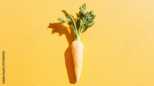 flatlay of raw vegetables on a solid yellow background 