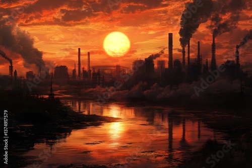 An industrial sunset reflected in a polluted river