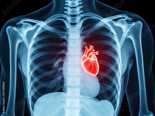 Human cardiovascular system, glowing heart anatomy, translucent skeletal structure, detailed circulatory network, 3D rendered human torso, dark background