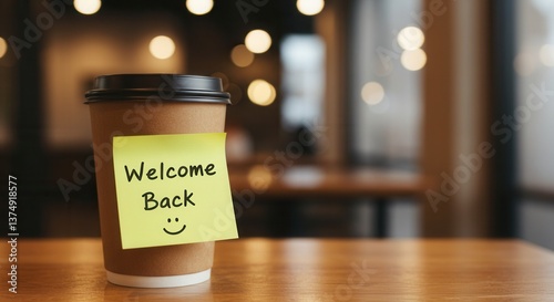 Cozy Welcome back Scene with Coffee Cup and Sticky Note