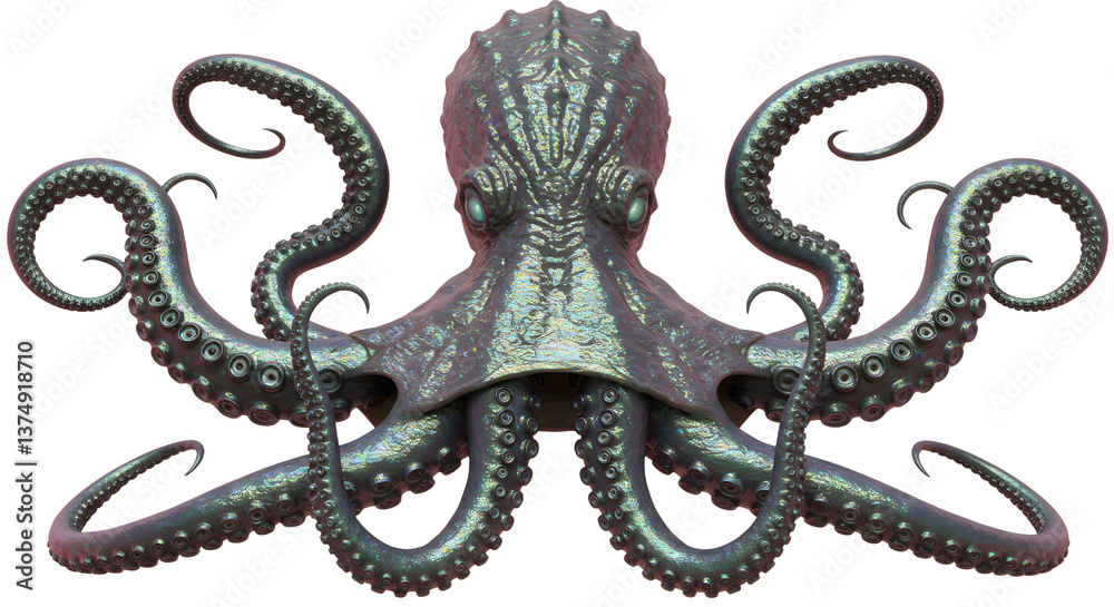 Fototapeta premium Metallic Octopus with Tentacles Curled on White Background Illustration