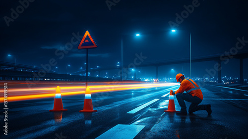 Row of bright orange traffic cones signaling caution and safety on road construction site