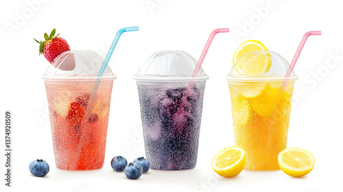 Different types of lemonade in a clear plastic cups with lid and straws. Strawberry blueberry and regular lemonade. Feel of to-go restaurant advertising on a white background
