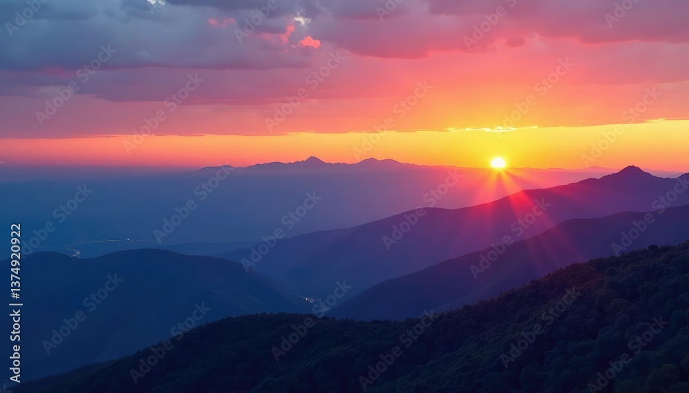 Obraz premium Uninterrupted line of mountain range against sunset, clouds, wilderness, travel