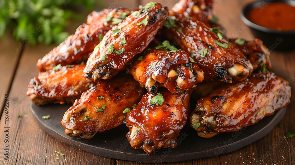 Delicious glazed BBQ chicken wings arranged on a dark plate garnished with fresh parsley ready to eat. Delicious glazed BBQ chicken wings arranged on a dark plate garnished with fresh parsley ready to eat.