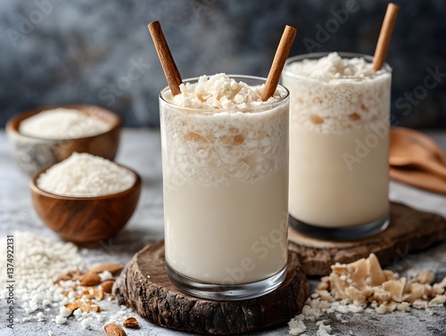 Two refreshing glasses of creamy rice milk horchata beverage garnished with cinnamon sticks and rice on rustic background.