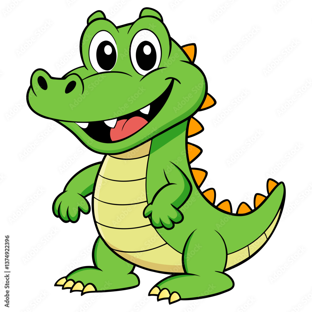 Obraz premium Adorable Cartoon Alligator or Crocodile with Big Eyes, Bright Smile, and Green Scales, Perfect for Children’s Illustrations, Animal-Themed Designs, and Reptile Projects Representing Playful, Friendly