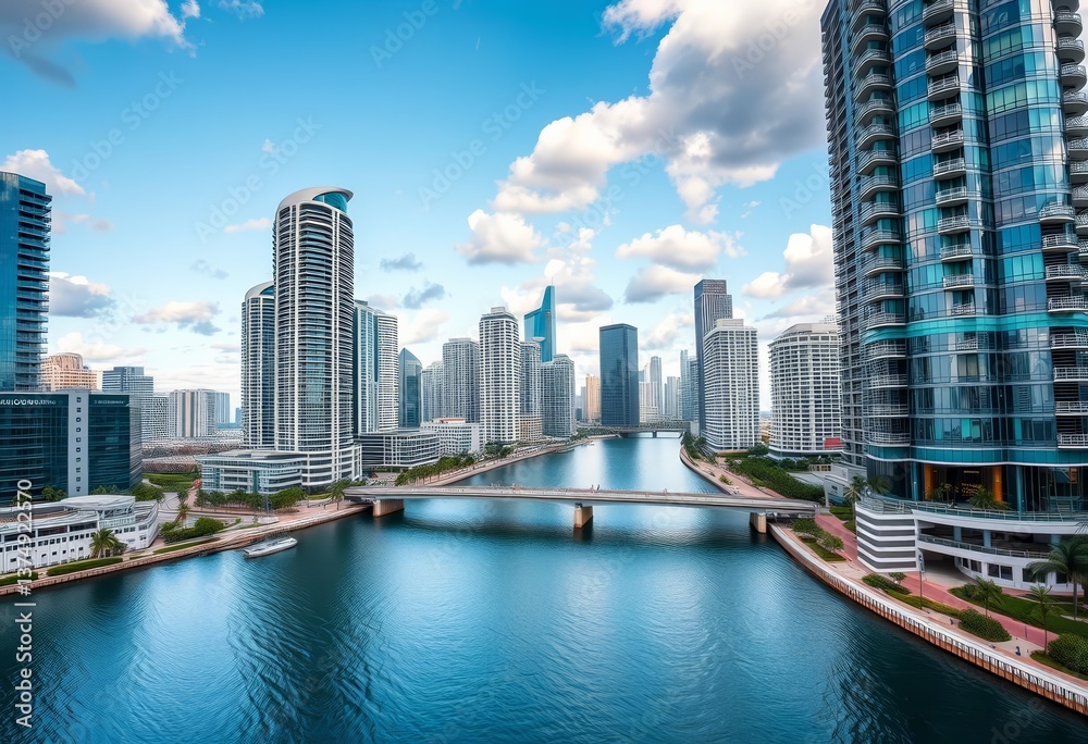 Obraz premium Miami River skyscrapers, aerial view, Brickell bridge, modern architecture, cityscape, Florida, USA, brickell, construction