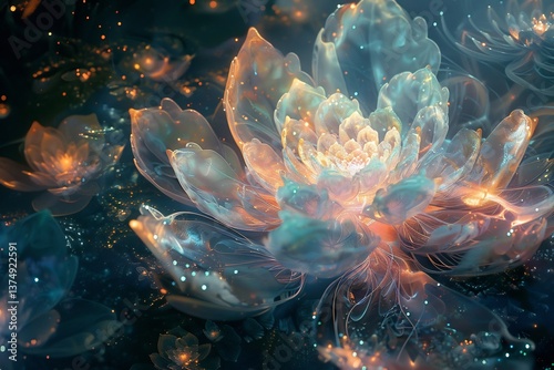 Mystical Imaginative Synthesis blending surreal organically growing digital flora luminous ambient glow crystalline abstract structure into harmonious fusion represents convergence of intuitive
