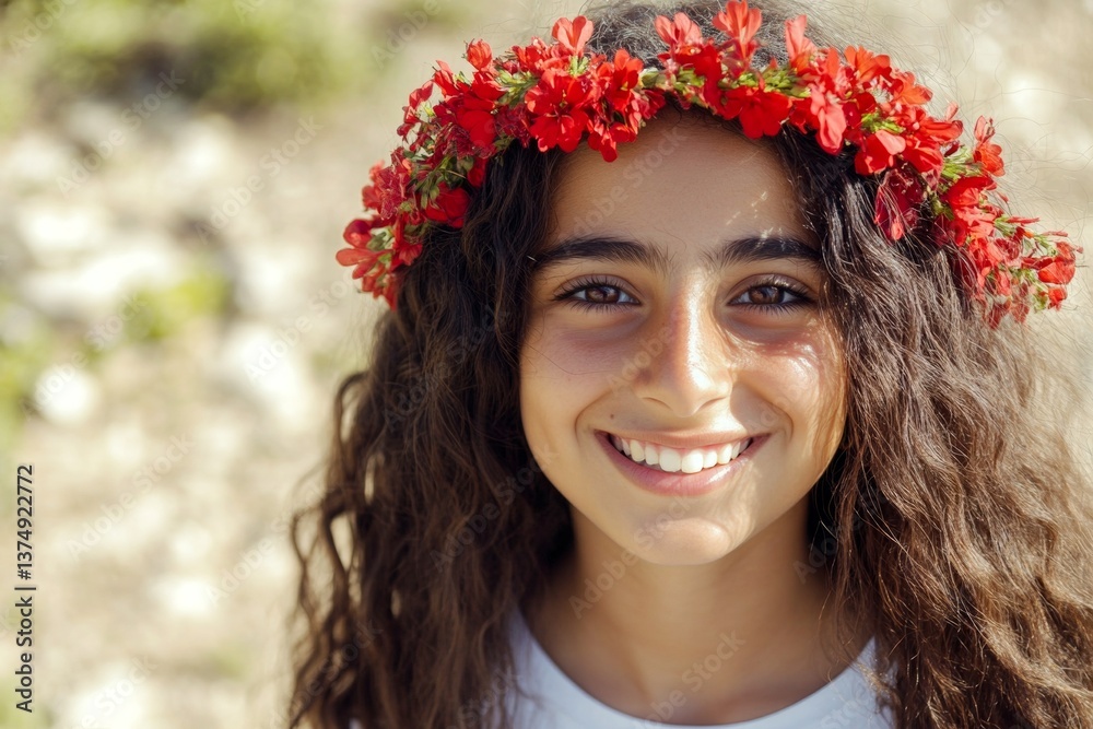 Naklejka premium Happy sunny days symbol. Sunny daylight. Happy middle eastern teenager girl wearing red flower crown on her head. Childâ€™s bright and happy vacation. Happy little traveler. Summer joy for kids.