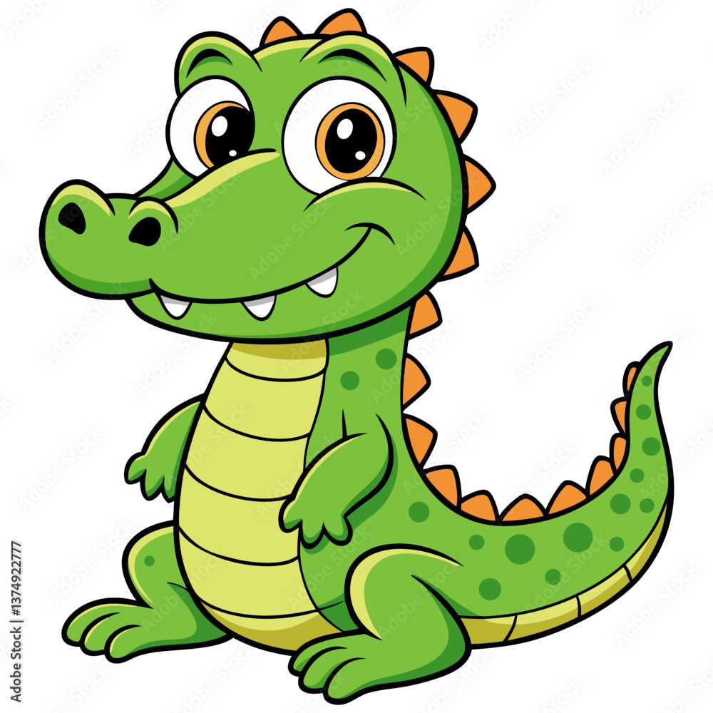 Fototapeta premium Adorable Cartoon Alligator or Crocodile with Big Eyes, Bright Smile, and Green Scales, Perfect for Children’s Illustrations, Animal-Themed Designs, and Reptile Projects Representing Playful, Friendly
