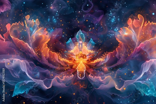 Mystical Imaginative Synthesis blending surreal organically growing digital flora luminous ambient glow crystalline abstract structure into harmonious fusion represents convergence of intuitive