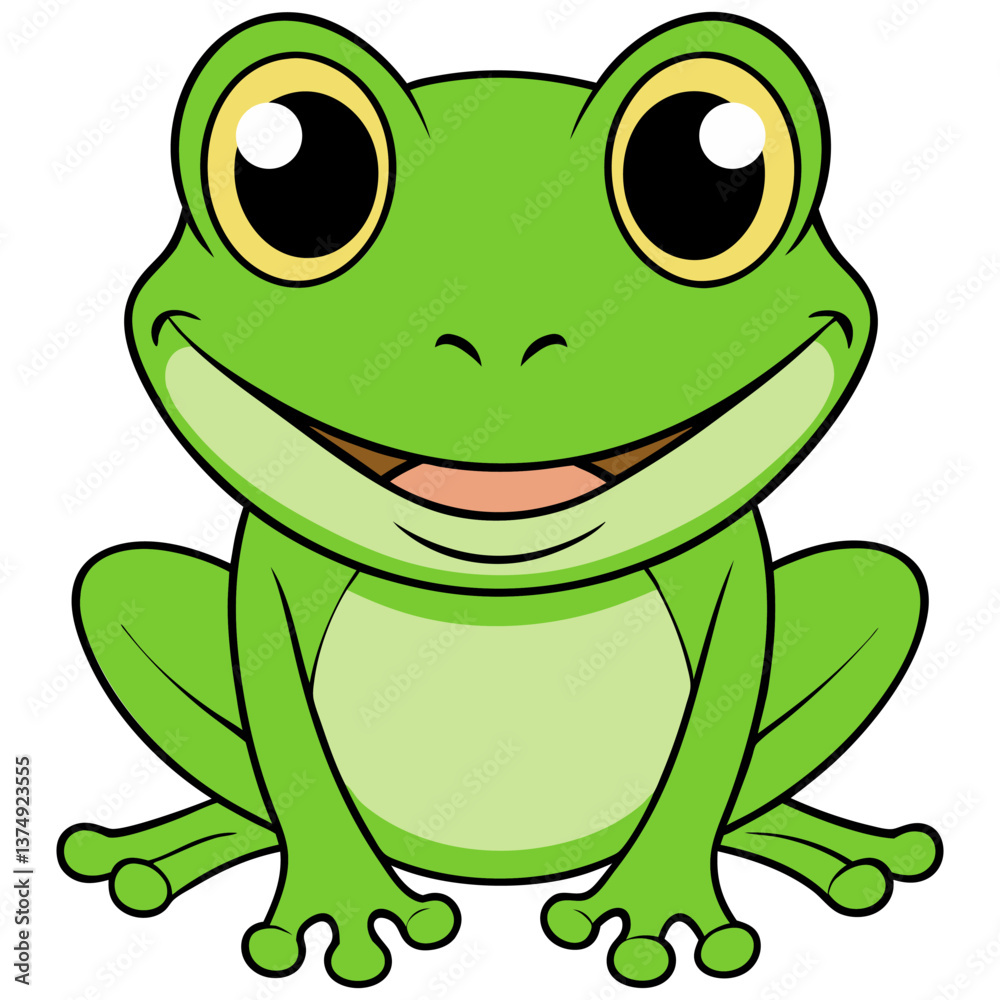Fototapeta premium Adorable Cartoon Frog with Big Eyes, Bright Smile, and Green Skin, Perfect for Children’s Illustrations, Animal Designs, and Nature-Themed Projects Representing Playful, Friendly Creatures