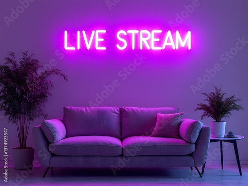 Modern live streaming setup with neon sign, cozy sofa, purple lighting, podcasting background, neon-lit streaming studio, content creation room