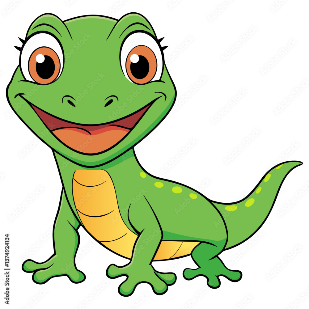 Fototapeta premium Adorable Cartoon Lizard with Big Eyes, Bright Smile, and Green Scales, Perfect for Children’s Illustrations, Animal-Themed Designs, and Reptile Projects Representing Friendly and Playful Creatures