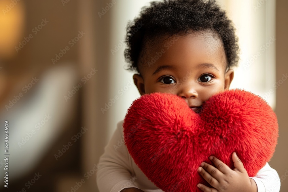 Subtle smile face cute black toddler boy with big fluffy heart in hands. Valentine's day greeting and funny gift. Valentine's day for families. Adorable kid love. Cute baby smiling with heart. Subtle smile face cute black toddler boy with big fluffy heart in hands. Valentine's day greeting and funny gift. Valentine's day for families. Adorable kid love. Cute baby smiling with heart.