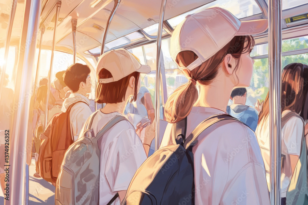 Fototapeta premium Students with backpacks riding public transport at sunrise